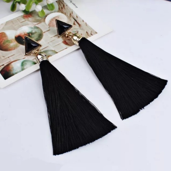 Black Boho Long Triangle Tassel Drop Earrings - Picture 1 of 5